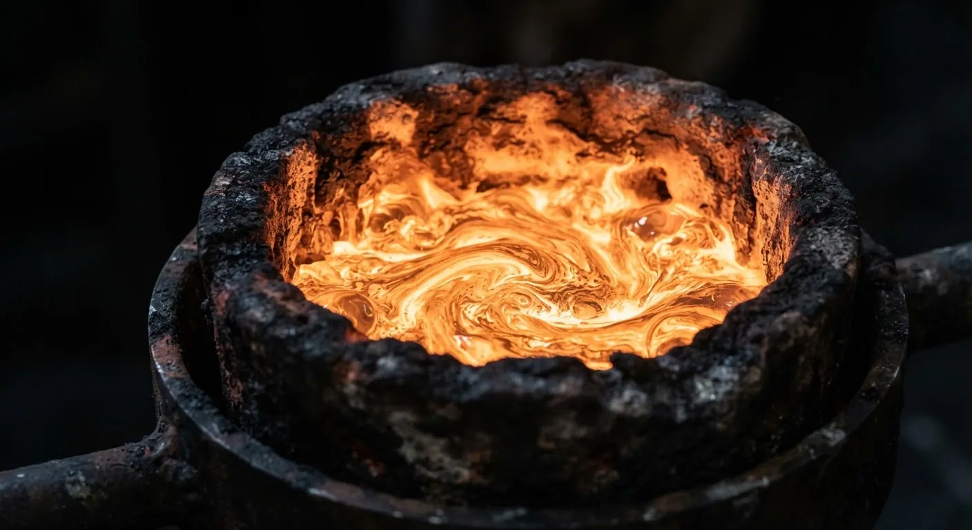 Molten metal glowing orange inside a dark crucible