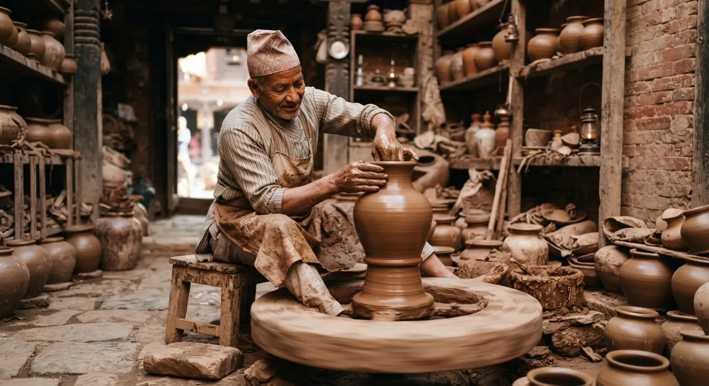 A potter in Bhaktapur shaping a clay vessel on a traditional wheel