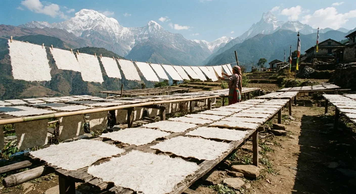 Sheets of handmade Lokta paper drying in the Himalayan sun