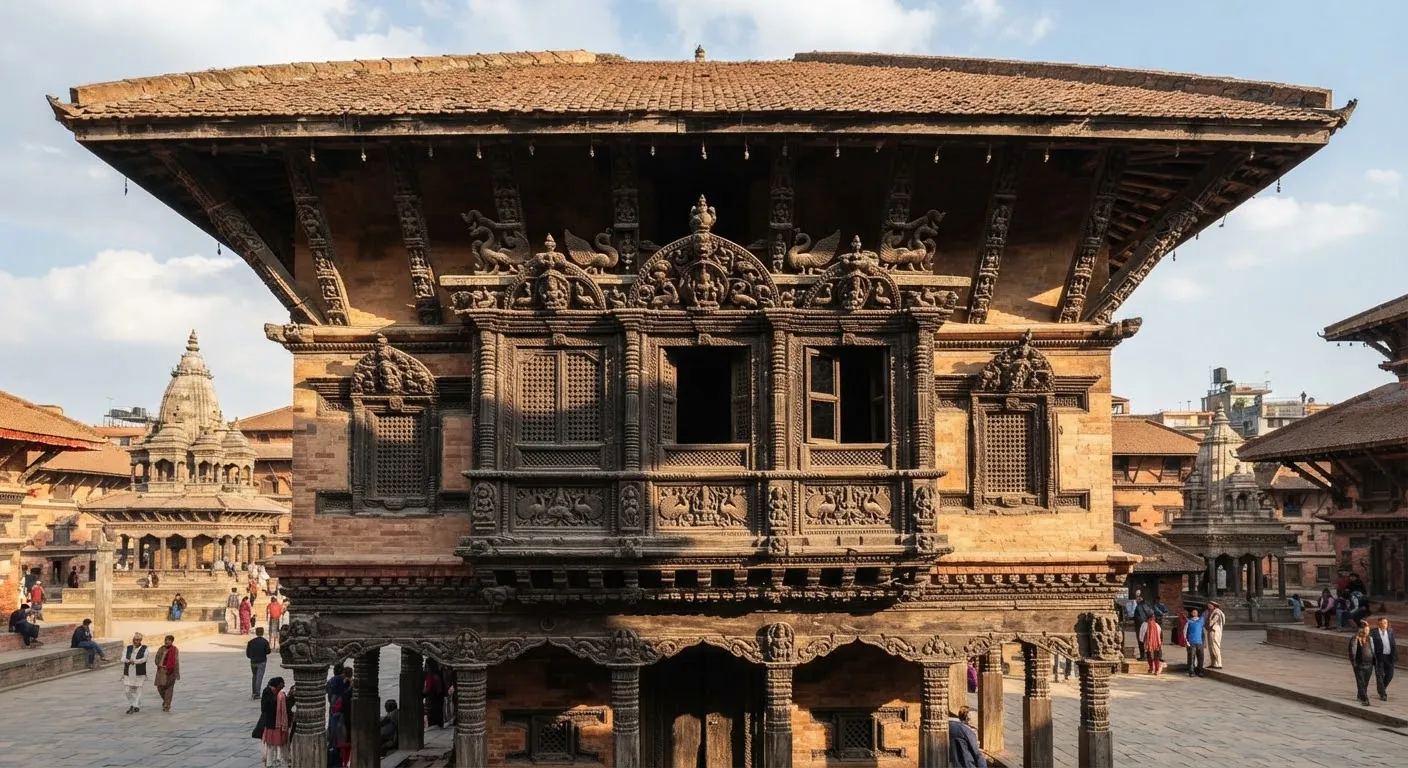 Intricately carved wooden windows and struts on a historic Newari building
