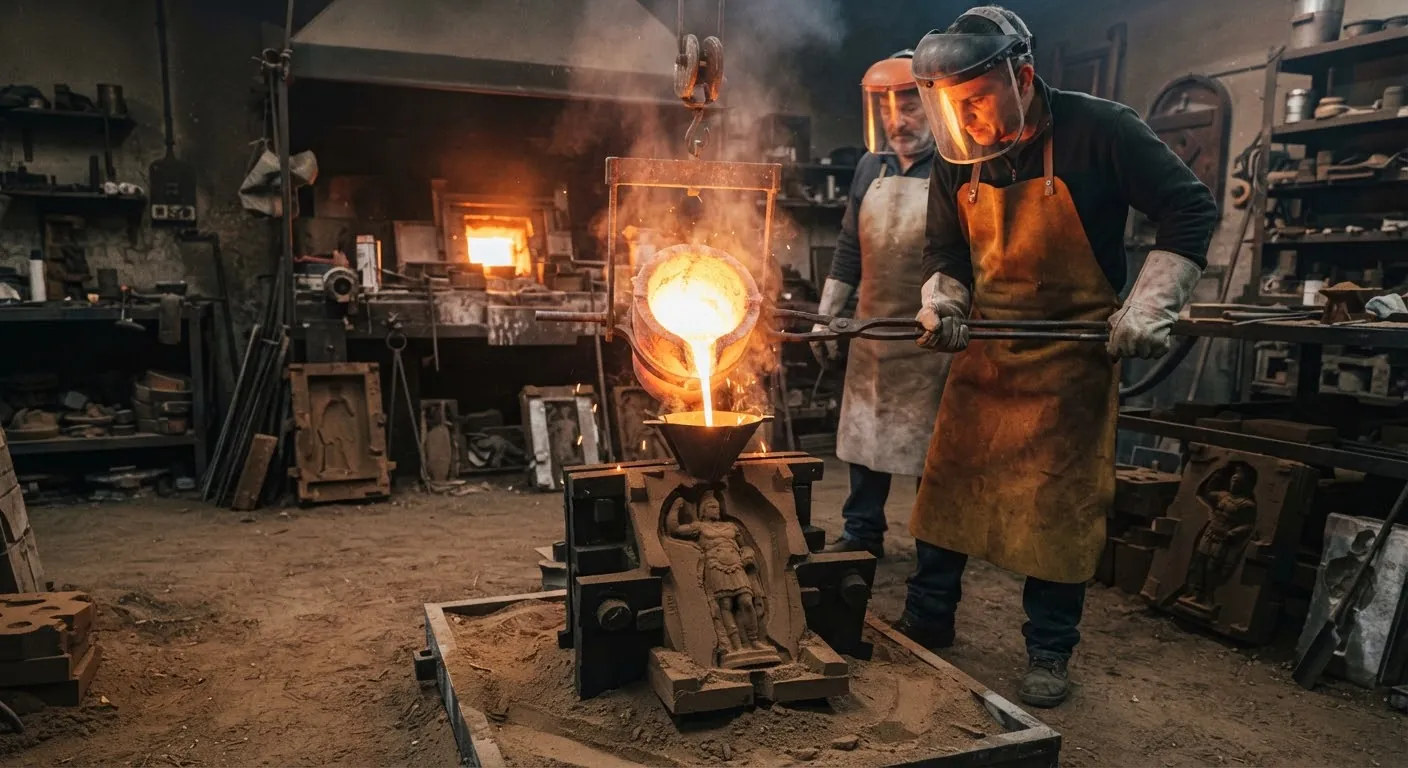 Molten metal being poured into a mould for a traditional statuette