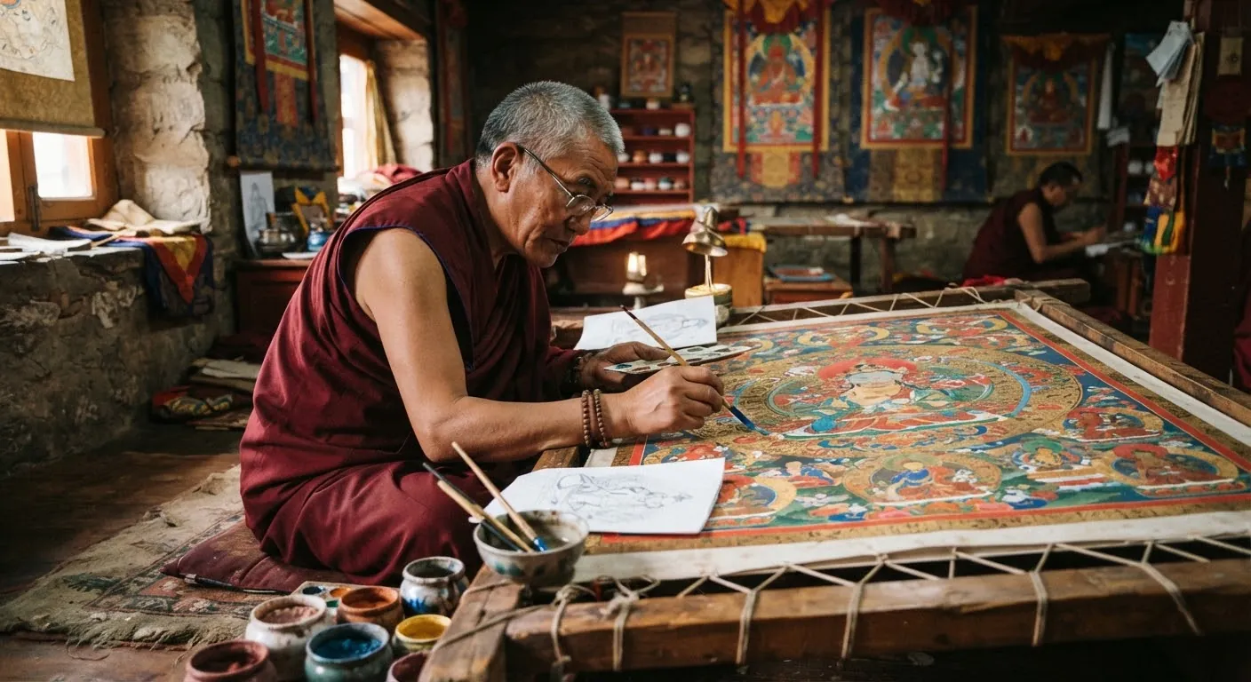 A master painter working on a vibrant Thangka painting