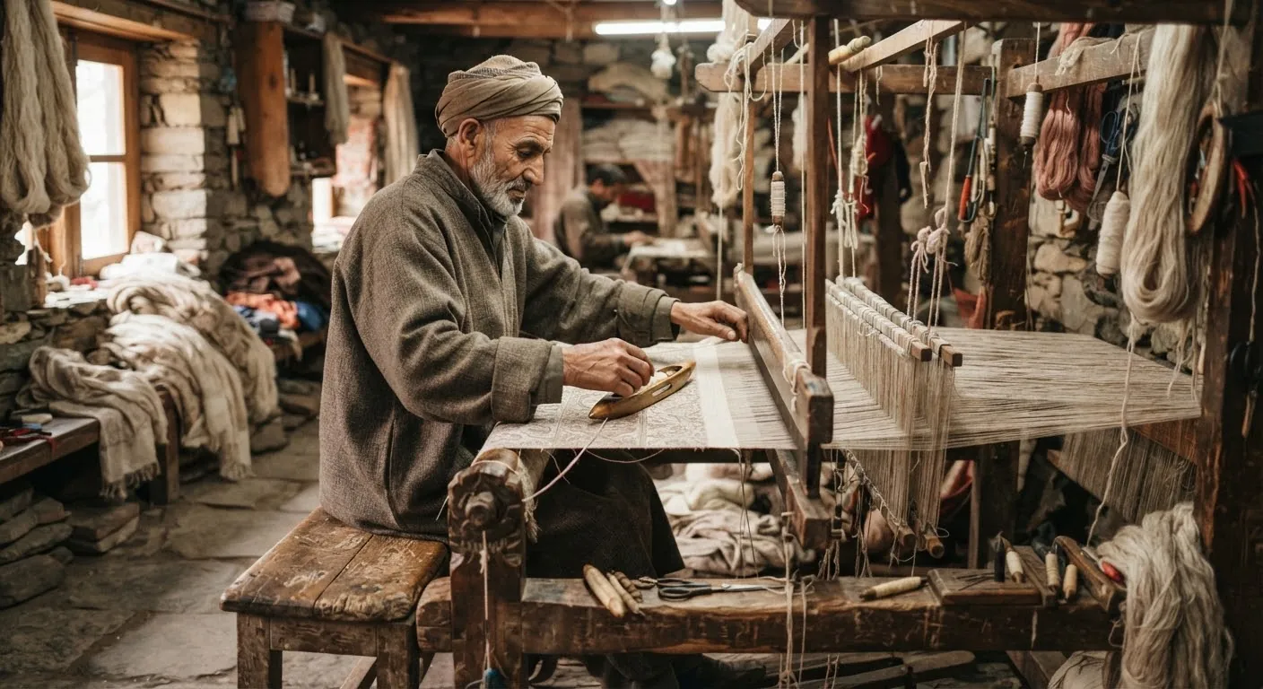 A weaver at a traditional wooden loom crafting a fine Pashmina shawl