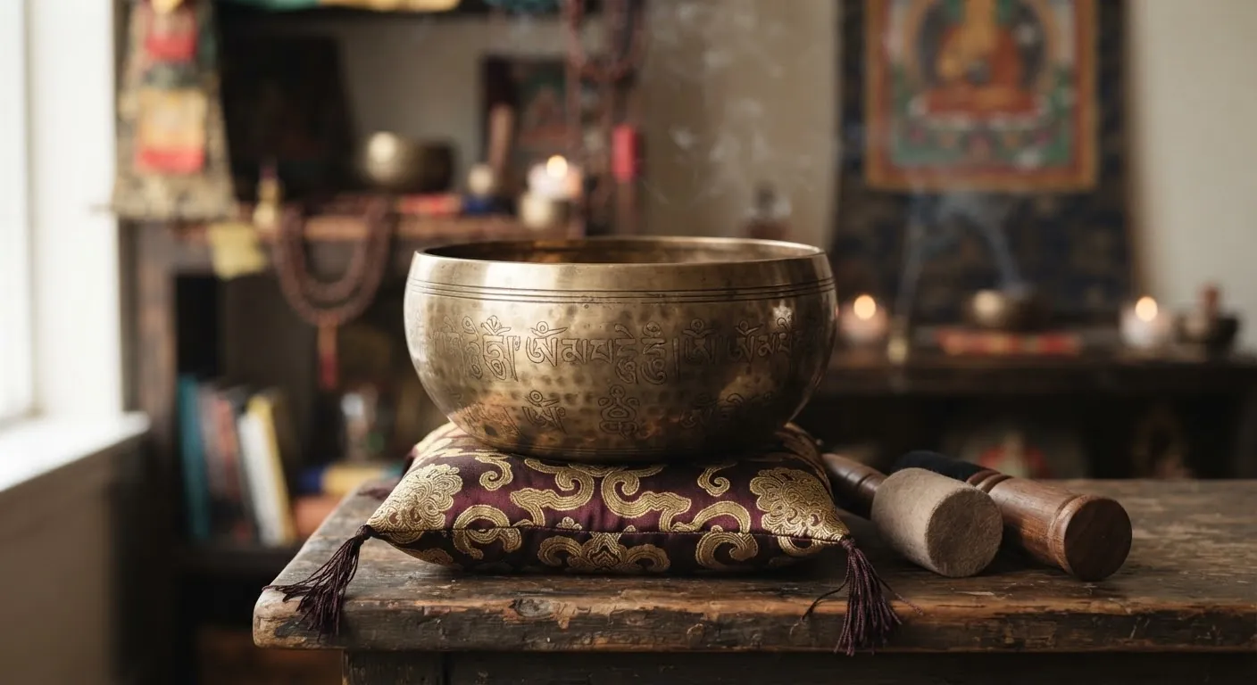 A polished antique singing bowl resting on a silk cushion