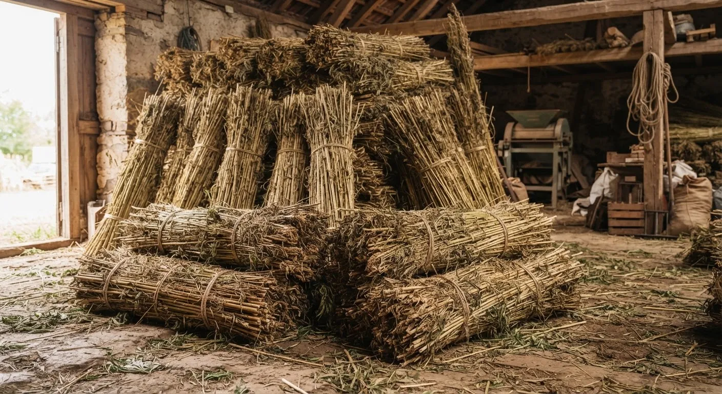 Bundles of wild hemp stalks ready for processing