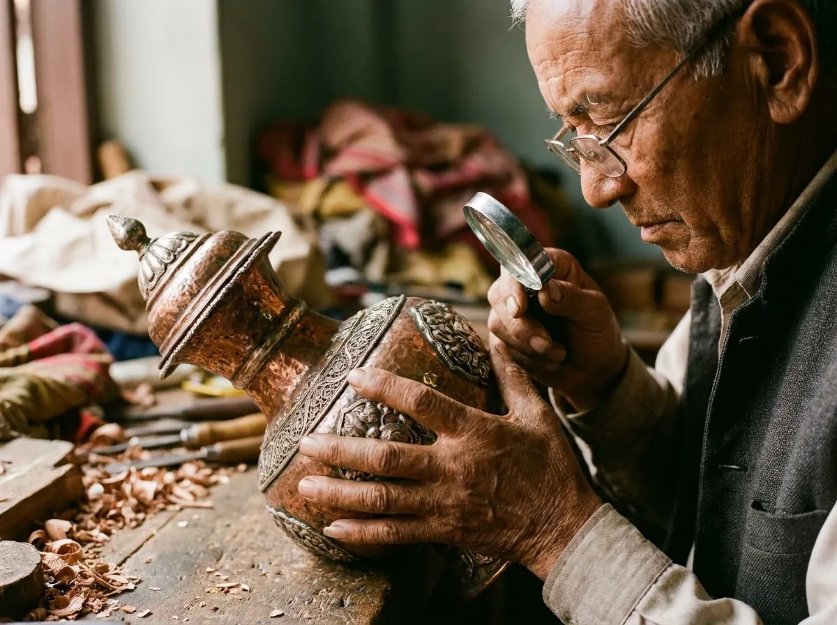 A craftsman inspecting a handmade Nepalese metal piece