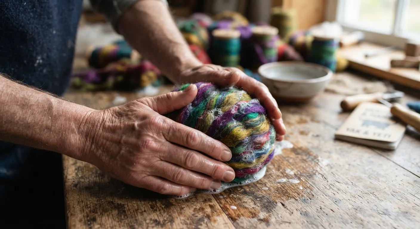 Hands wet-felting brightly dyed wool on a workbench