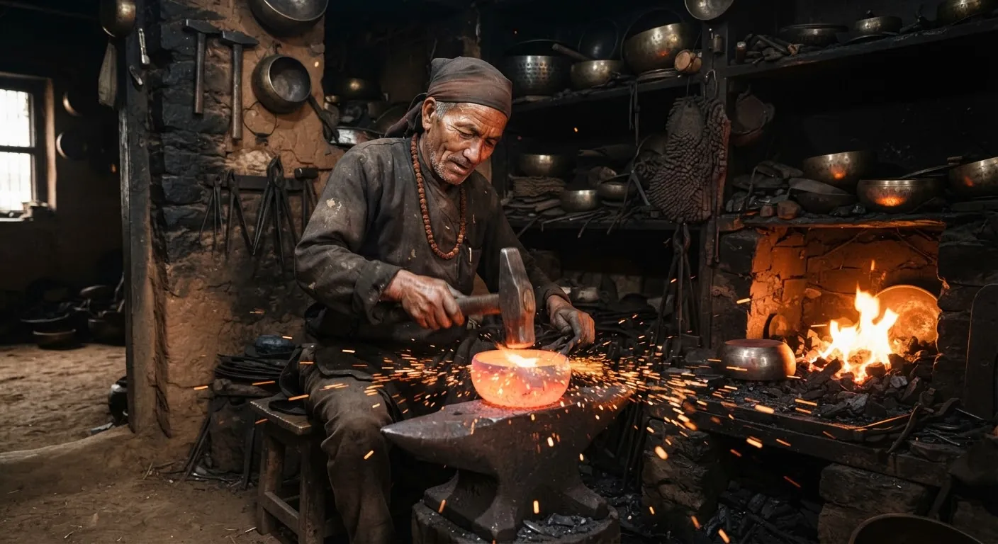 An artisan hand-hammering a large singing bowl