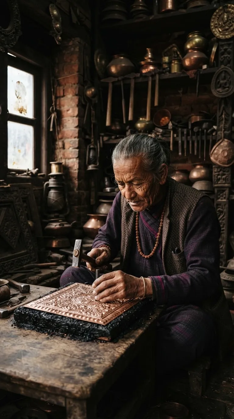 A Nepalese artisan working on intricate metalwork