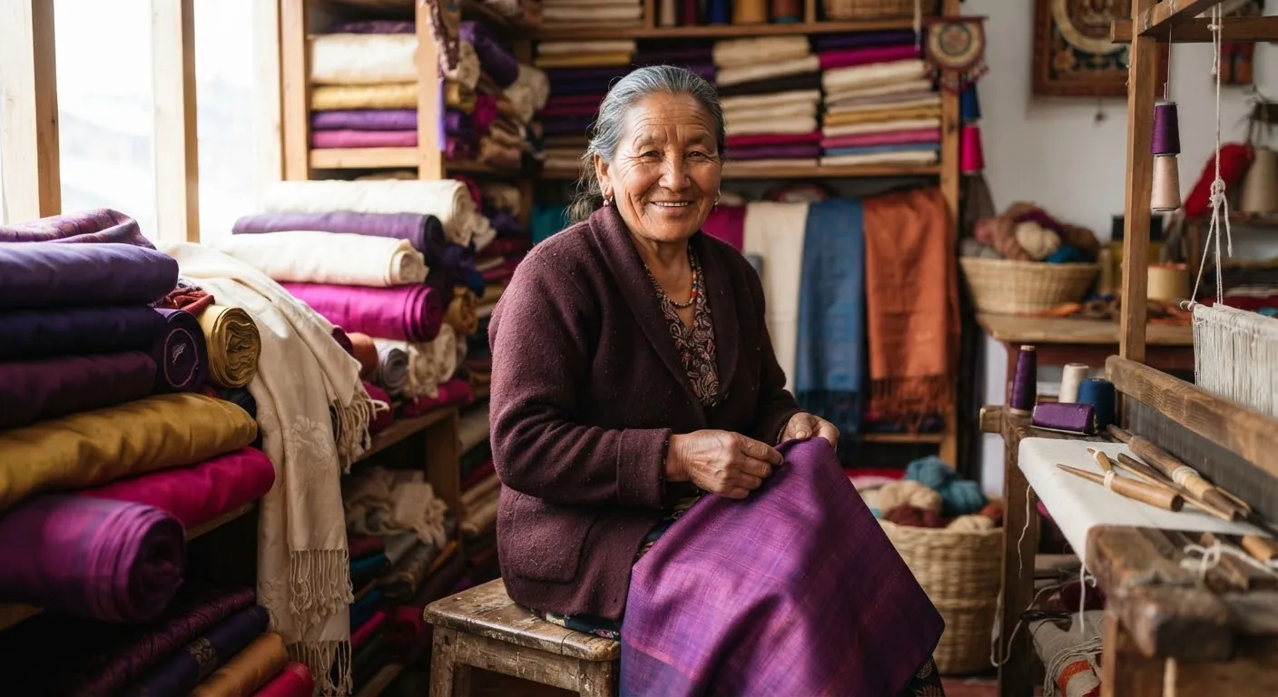 A Nepalese artisan among rolls of silk and pashmina