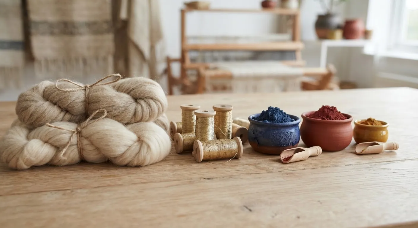 Undyed wool, gold thread and pots of natural dye on a wooden table