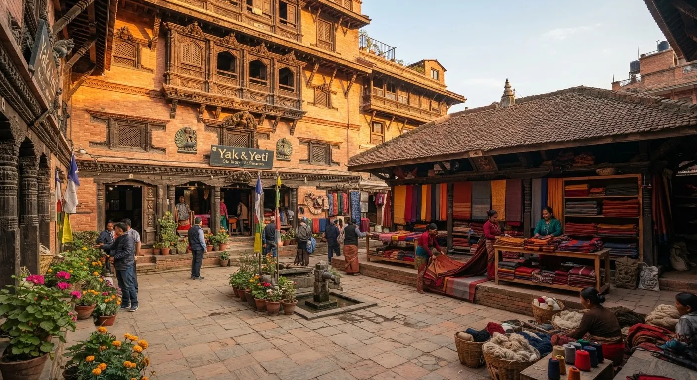 A historic Kathmandu courtyard with carved wooden windows