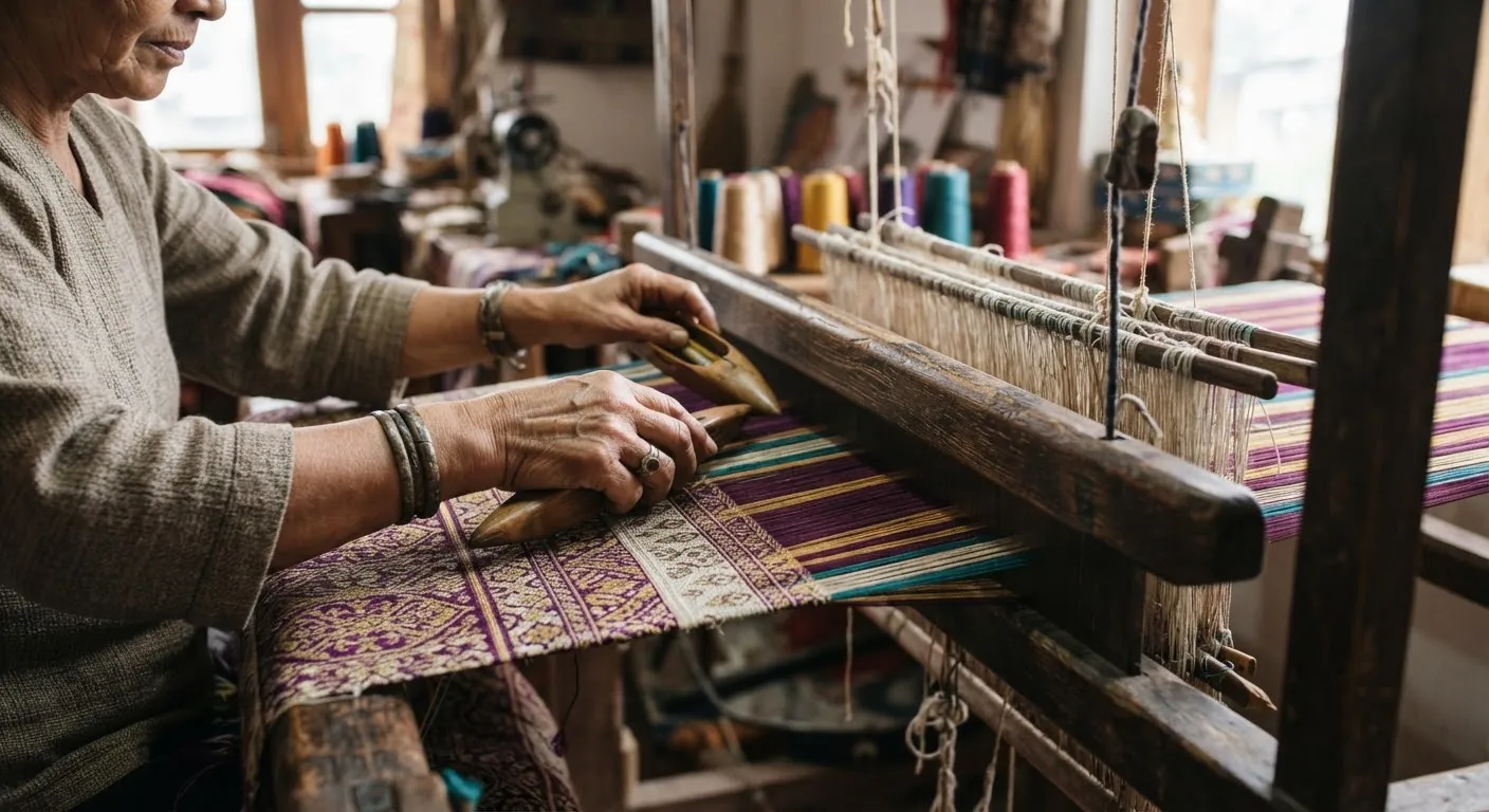 An artisan's hands weaving purple and gold threads on a wooden loom